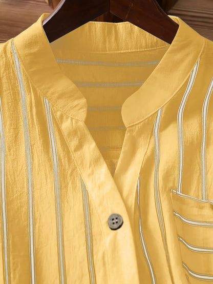 Women's short-sleeve blouse with stand-up collar and button placket – Casual stripes, summer tunic, office & leisure
