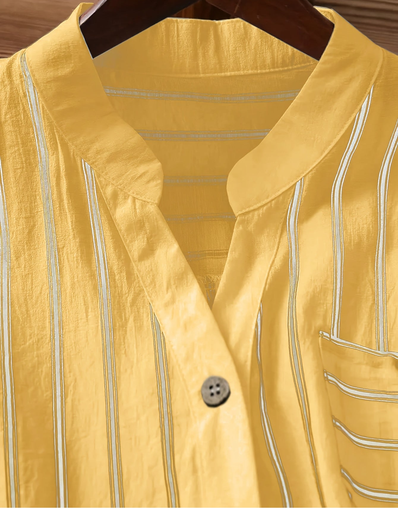 Women's short-sleeve blouse with stand-up collar and button placket – Casual stripes, summer tunic, office & leisure