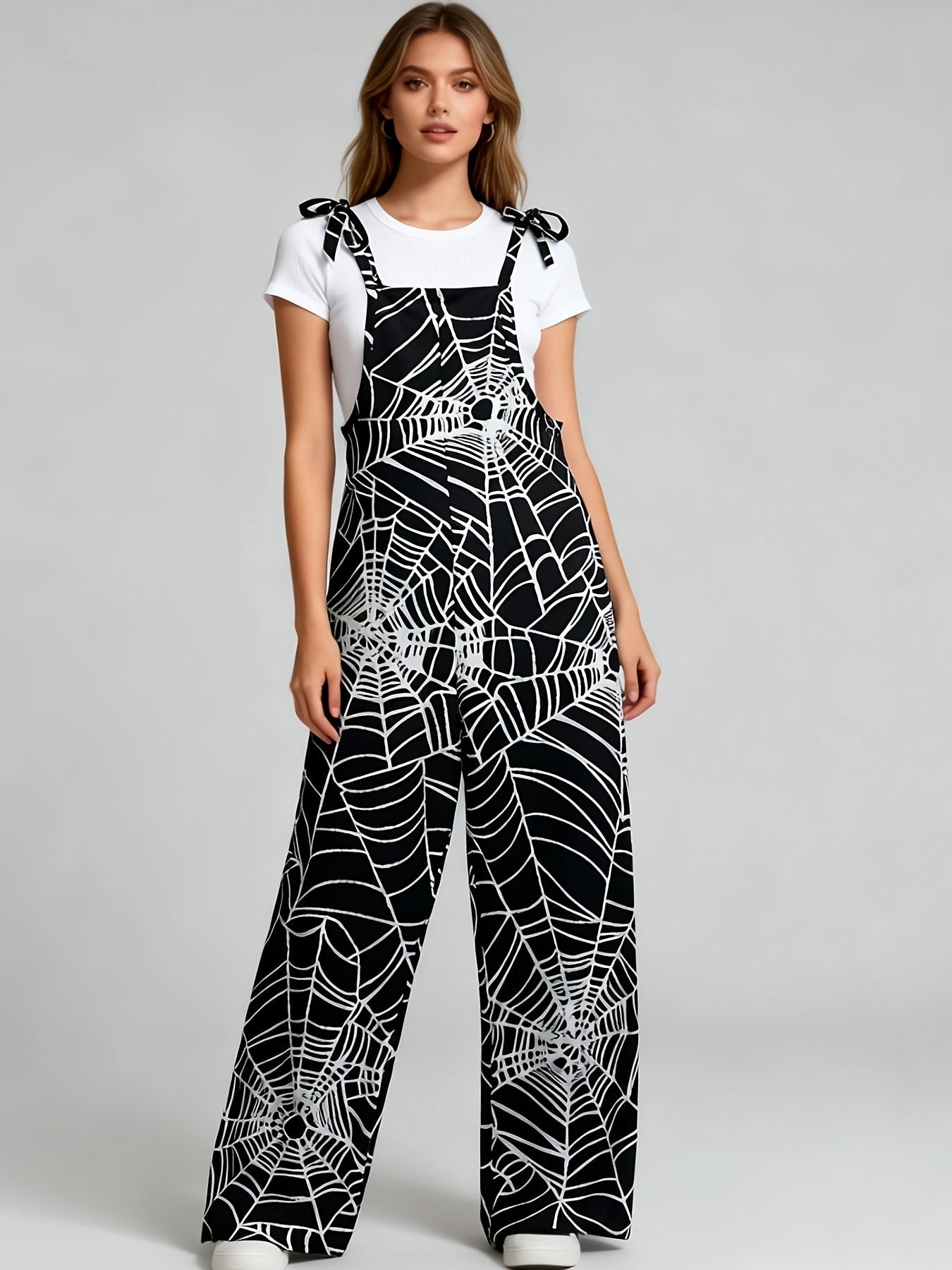 Damen Jumpsuit Spinnennetz-Muster Schwarz Träger zum Binden Weites Bein Lässiger Overall