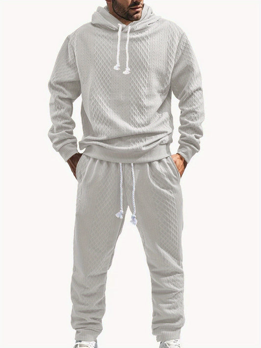 Men's casual tracksuit with a hood, ribbed cuffs and drawstring, textured pattern
