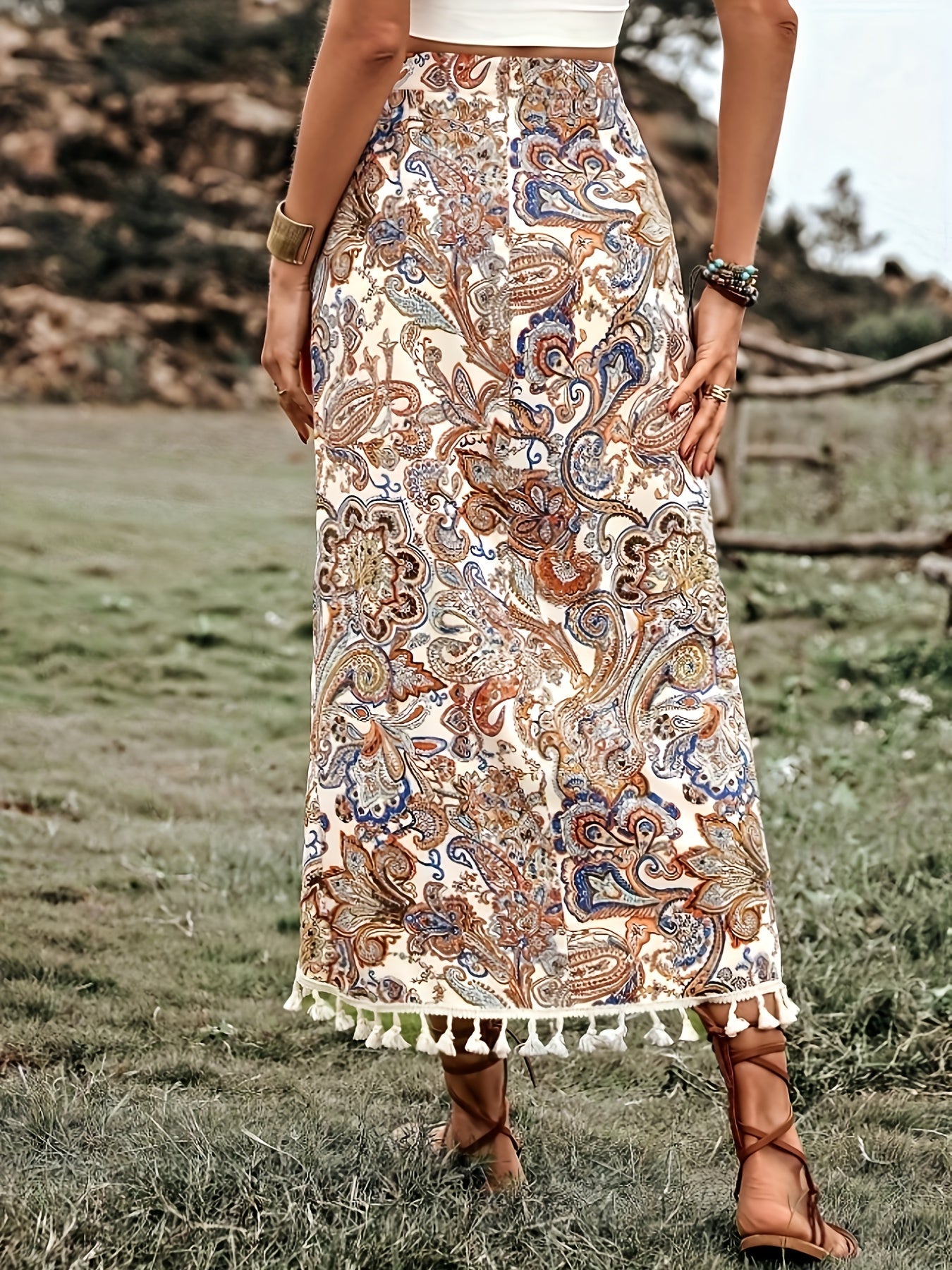 Women's Boho Wrap Midi Skirt with Paisley Pattern and Tassels – Summer Festival Style