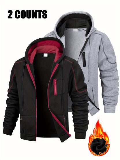 2-Pack Men's Hoodie Jacket Set, Zip-Up Hoodies, Fleece-Lined, Navy Blue, Black, Red