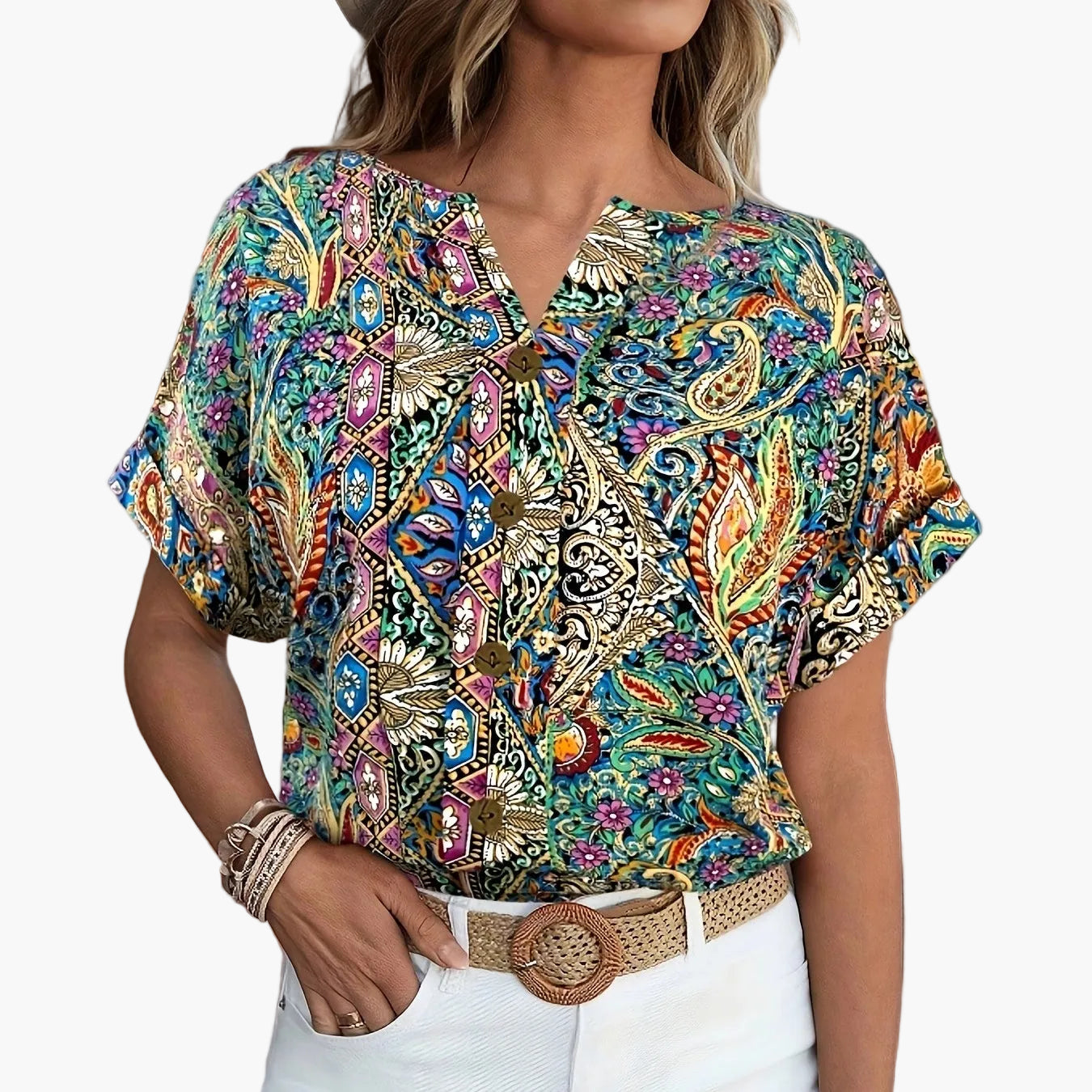 Women's Short-Sleeve Blouse with Floral Pattern and Button Placket – Elegant Summer Fashion for Everyday & Leisure
