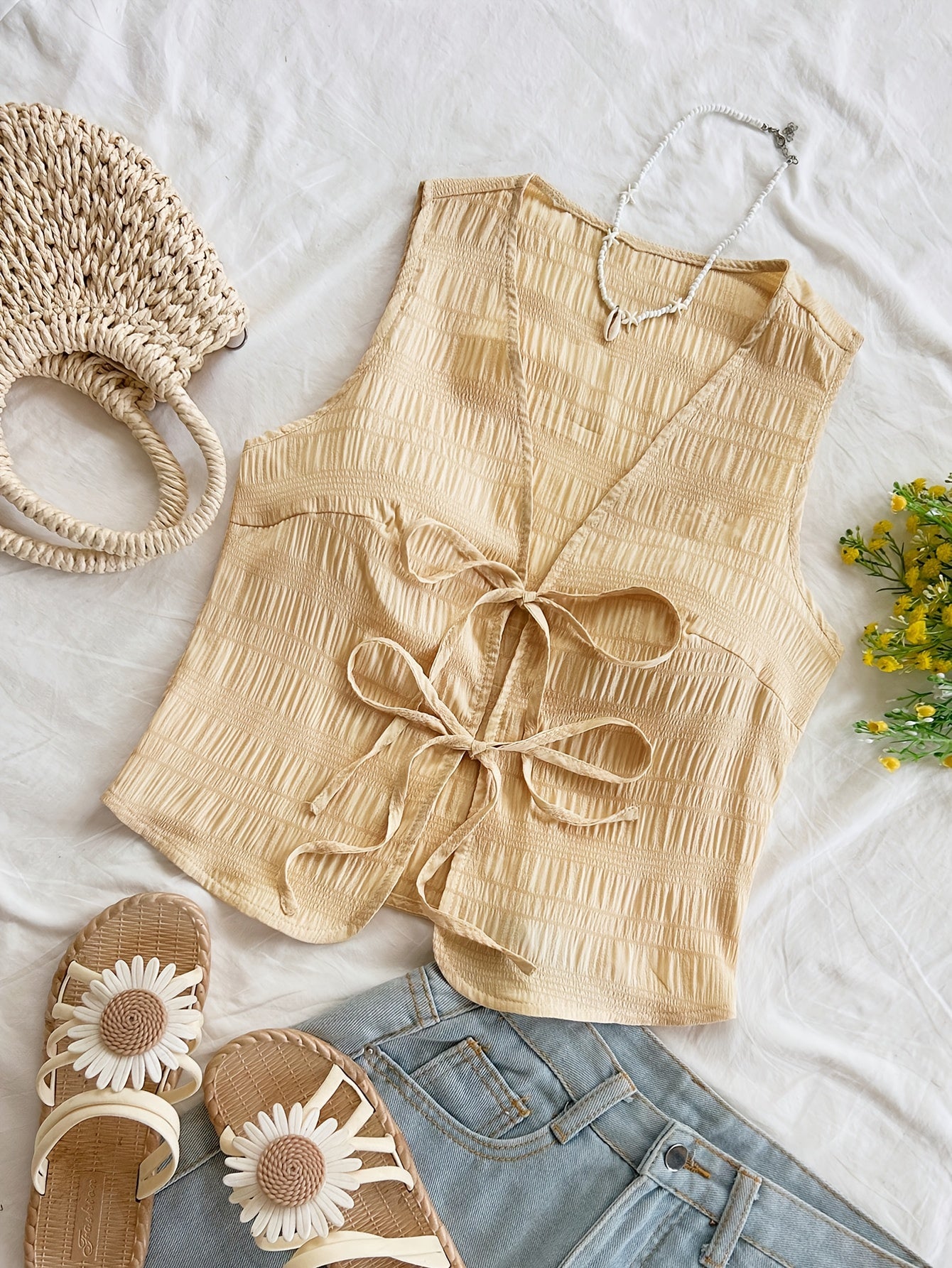 Women's sleeveless vest with tie and crinkle look – Boho streetwear for leisure & vacation