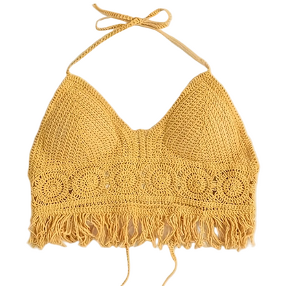 Women's Boho Crochet Halter Crop Top with Fringe – Trendy Summer Festival Top