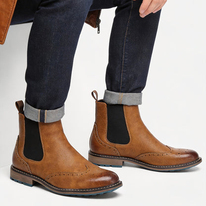 Brown Men's Chelsea Boots with Brogue Design and Elastic Inserts