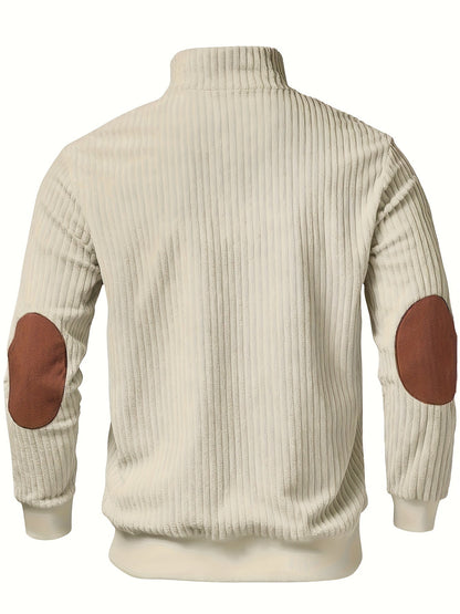 Ribbed men's quarter-zip sweater with suede-look patches