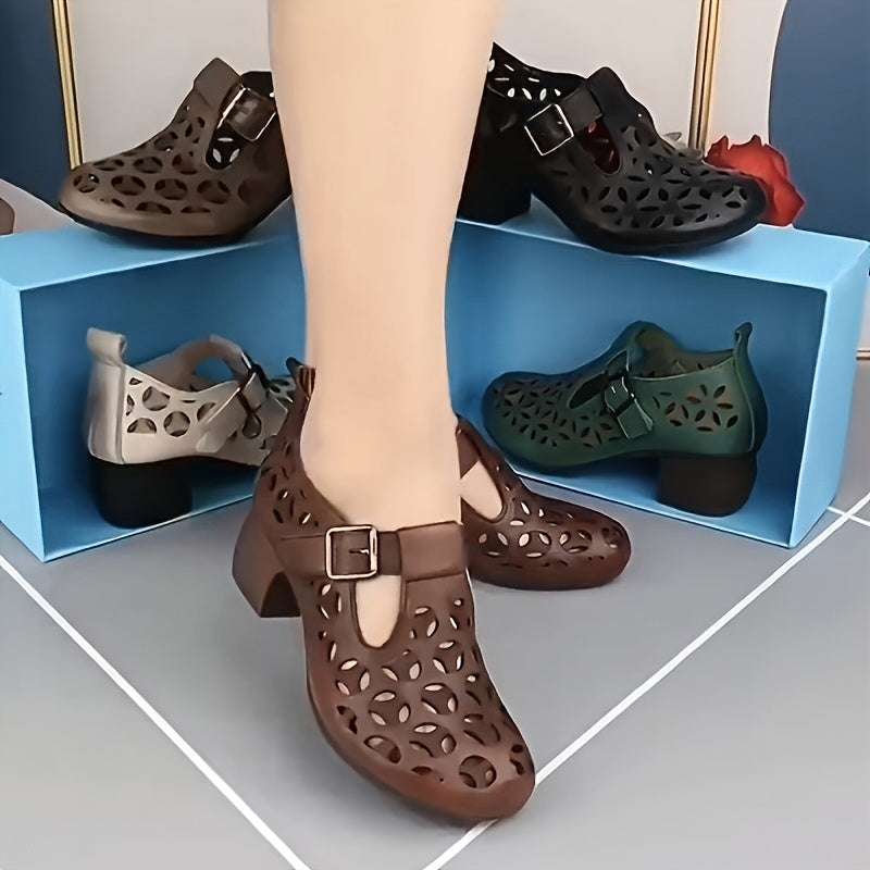 Women's Mary Jane Block Heel Shoes – Fashionable with Cut-Out Design, Everyday & Casual