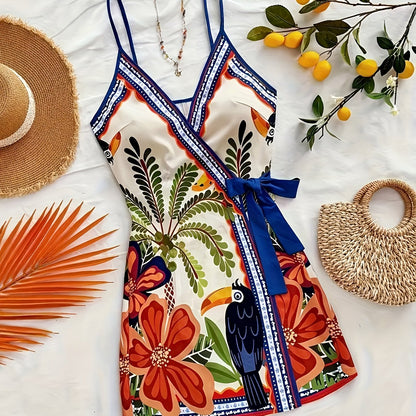 Women's summer wrap dress with tropical print and floral pattern – Perfect for vacation and leisure
