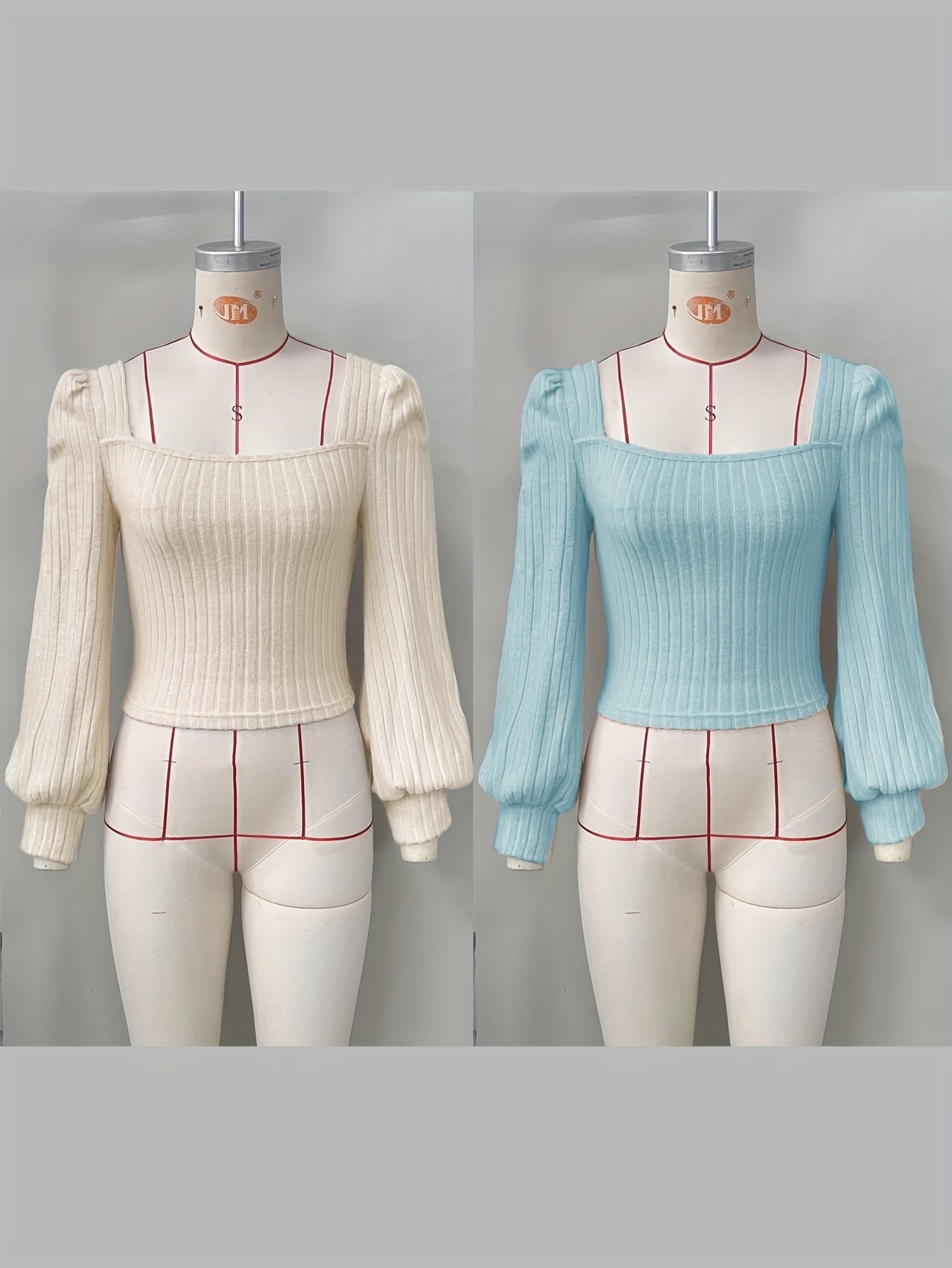 Geripptes Damen Crop-Top mit Puffärmeln und eckigem Ausschnitt