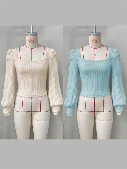 Geripptes Damen Crop-Top mit Puffärmeln und eckigem Ausschnitt