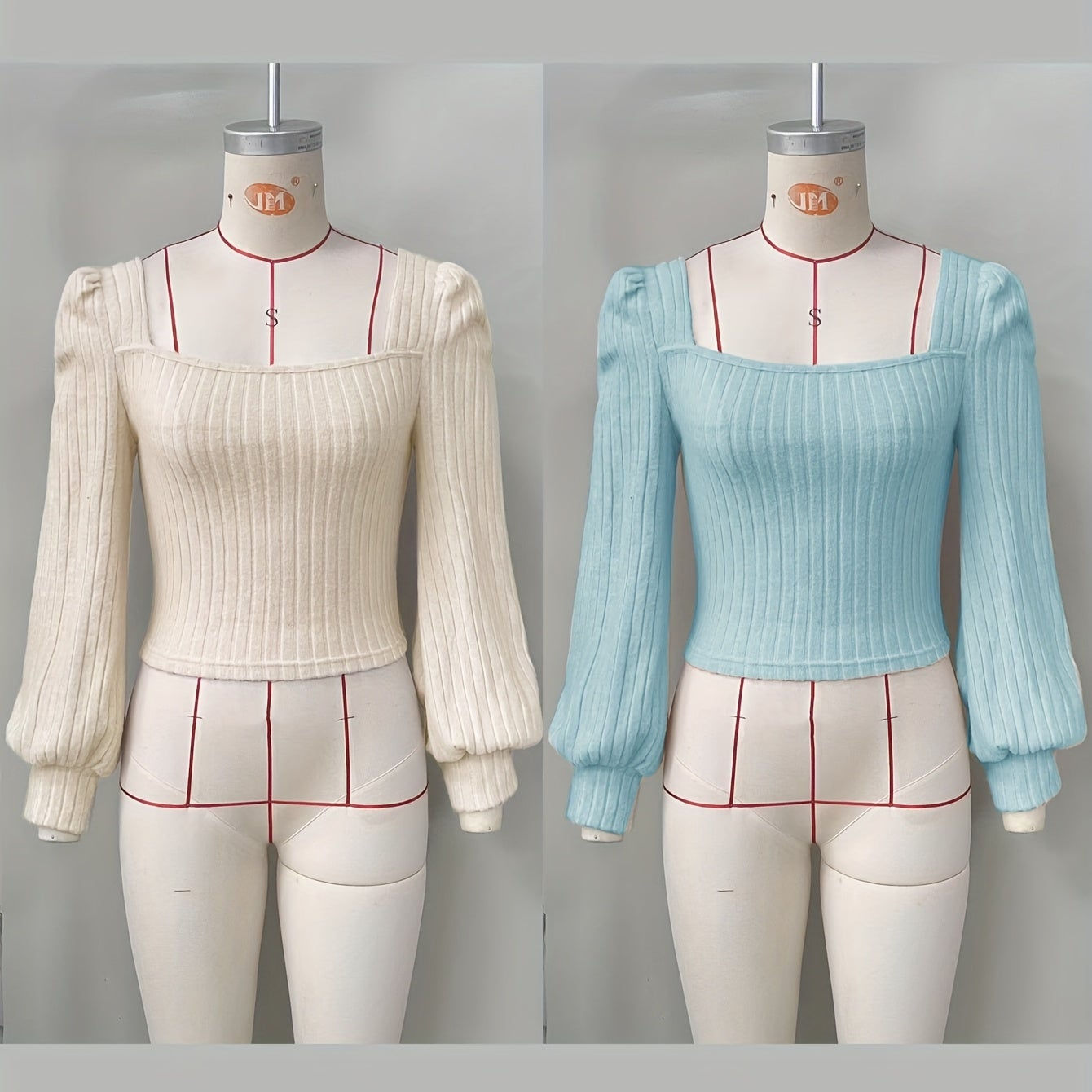 Geripptes Damen Crop-Top mit Puffärmeln und eckigem Ausschnitt