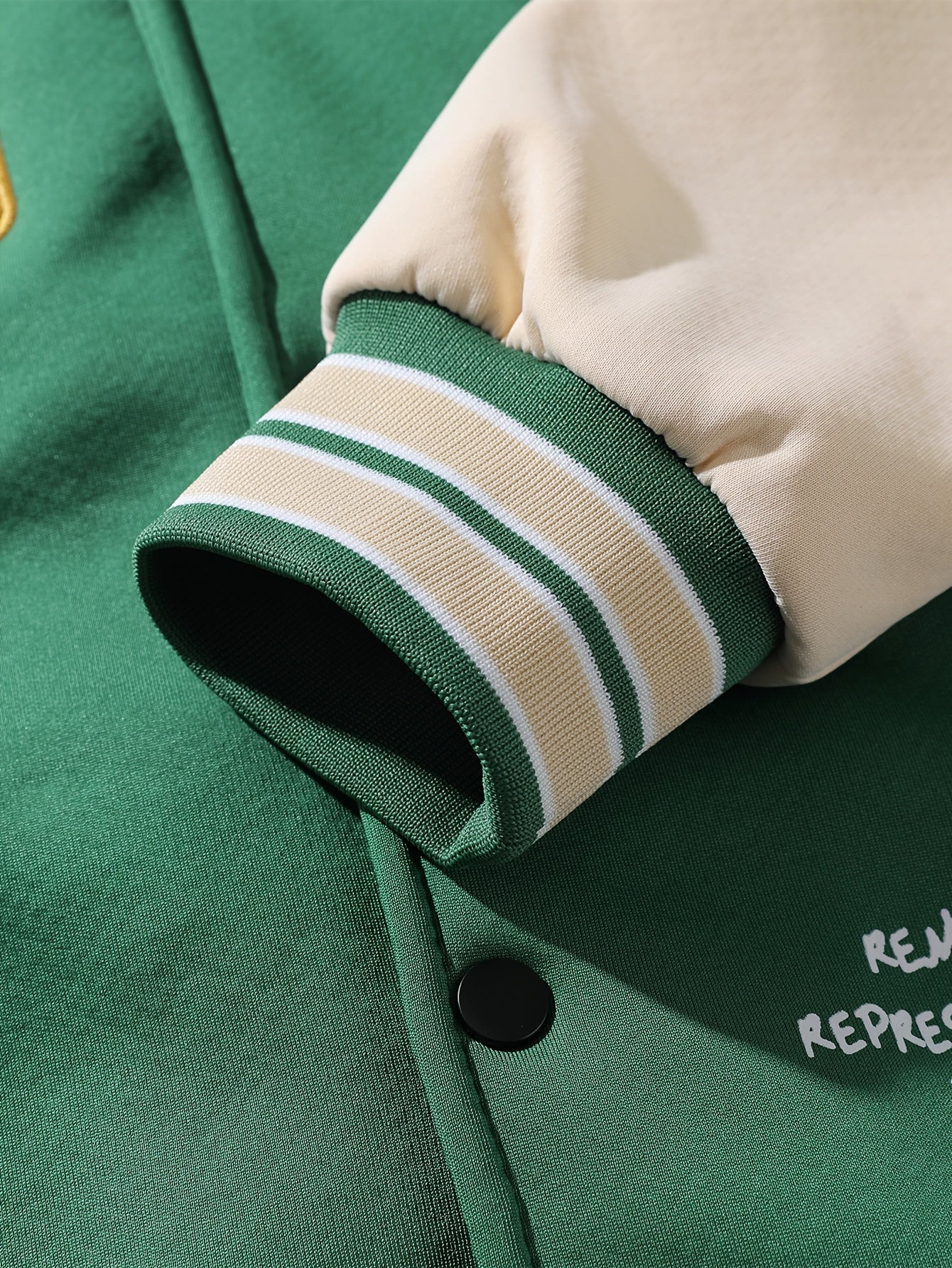 Unisex college-style hooded jacket in green and beige with fleece lining