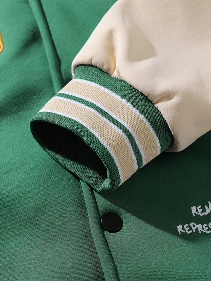 Unisex college-style hooded jacket in green and beige with fleece lining