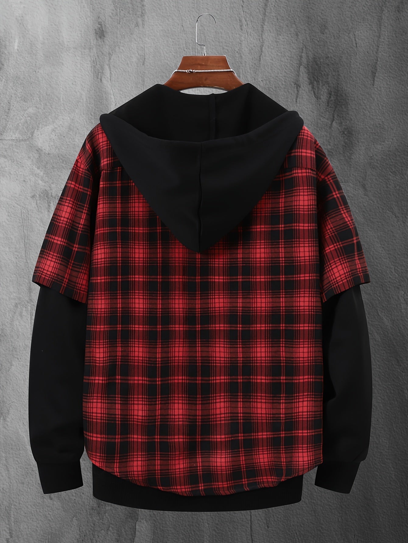 Men's checkered shirt jacket look, black and red grid pattern, hooded, long-sleeved