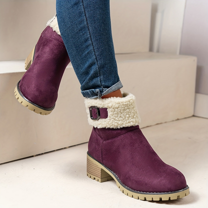 Women’s short winter boots with warm lining, buckle, and heel