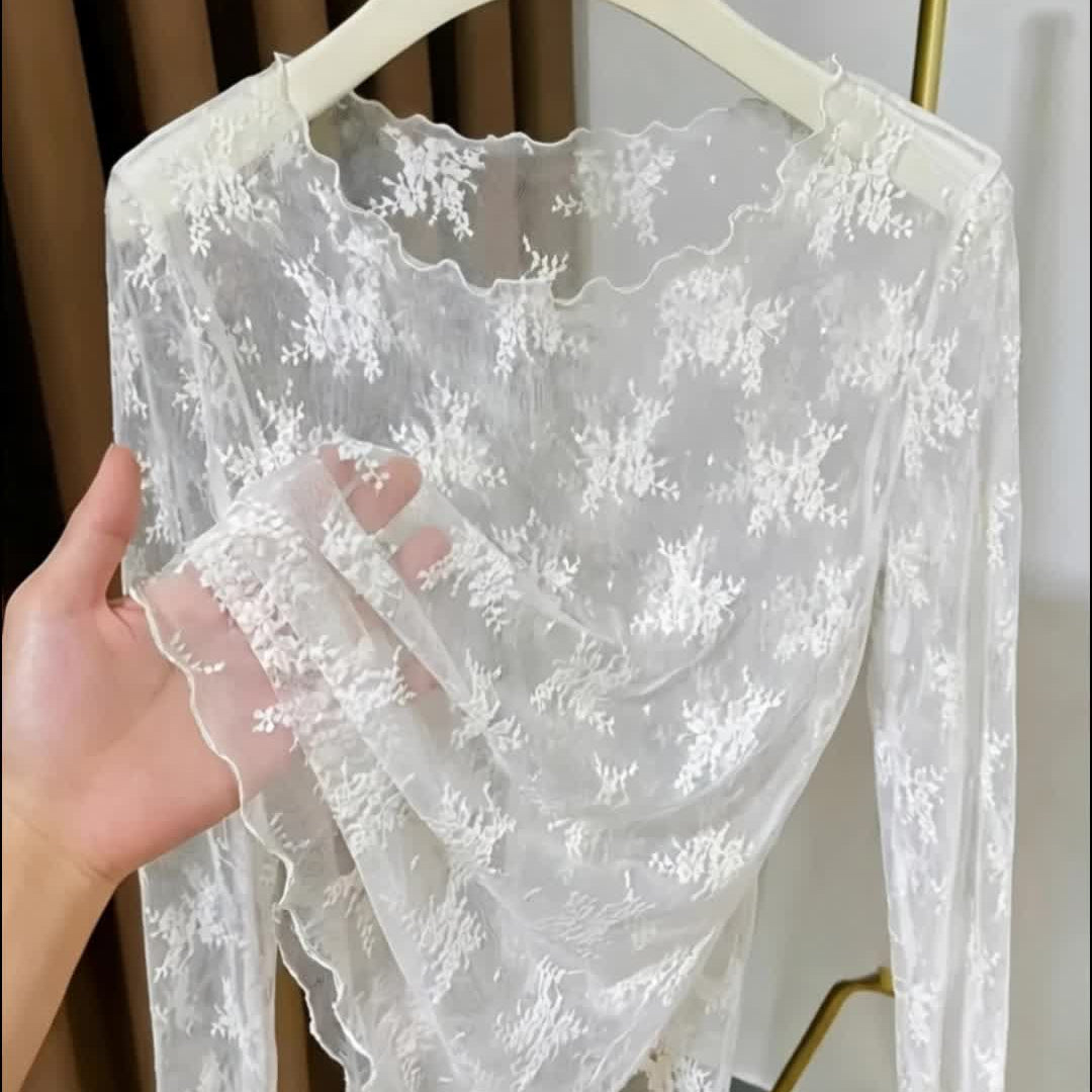 Women's long-sleeve shirt with floral embroidery and transparent design – elegant and versatile lace look for special occasions