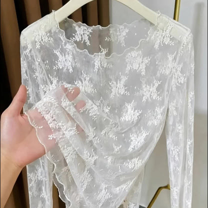 Women's long-sleeve shirt with floral embroidery and transparent design – elegant and versatile lace look for special occasions