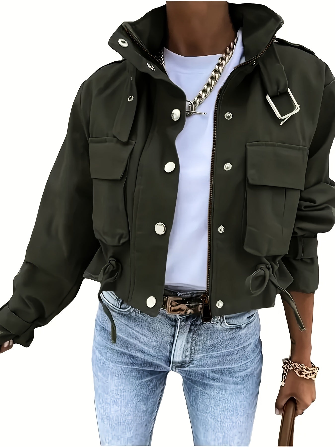 Short women's transitional jacket with zip, buttons & flap pockets