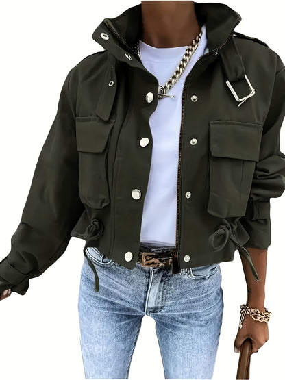 Short women's transitional jacket with zip, buttons & flap pockets