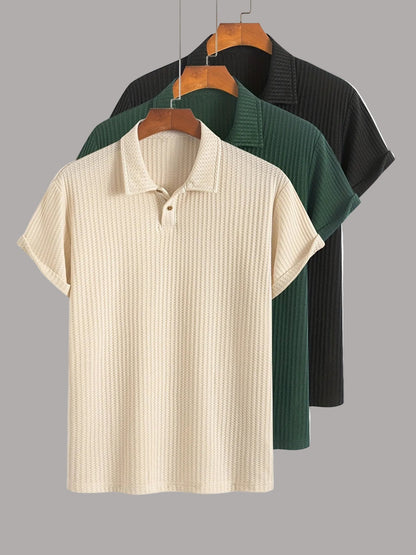 Men's Short-Sleeve Polo Shirt Set – Modern Waffle Pattern, Classic Casual Style, 3-Pack