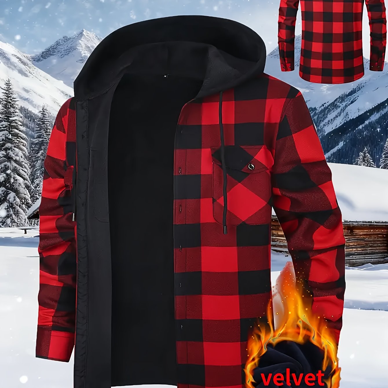 Men's checked flannel shirt with hood, lined, warm casual jacket, long sleeve