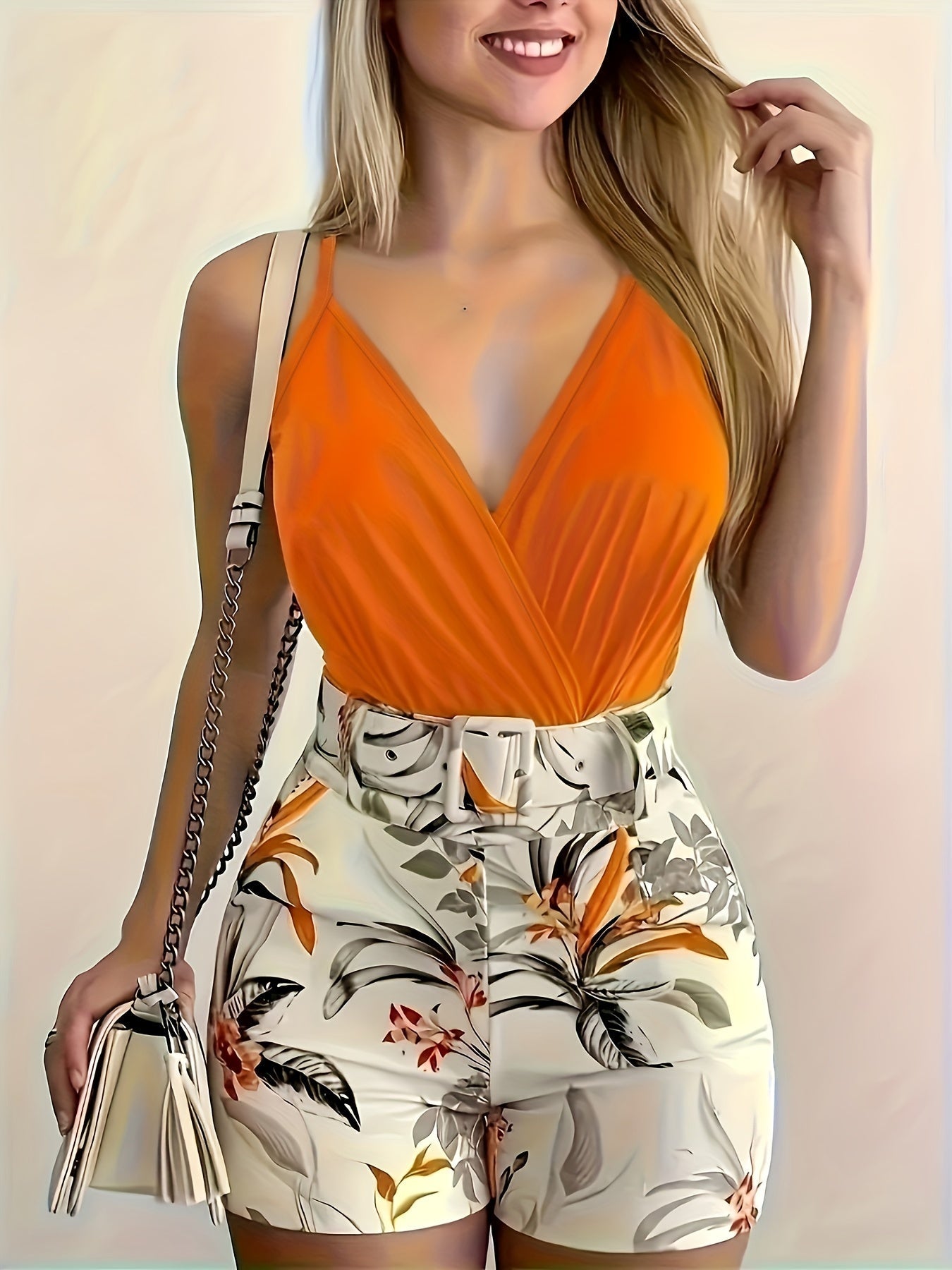Women's Summer Outfit Set – Sleeveless V-Neck Bodysuit & High-Waisted Floral Shorts with Belt, Fashionable Casual Look