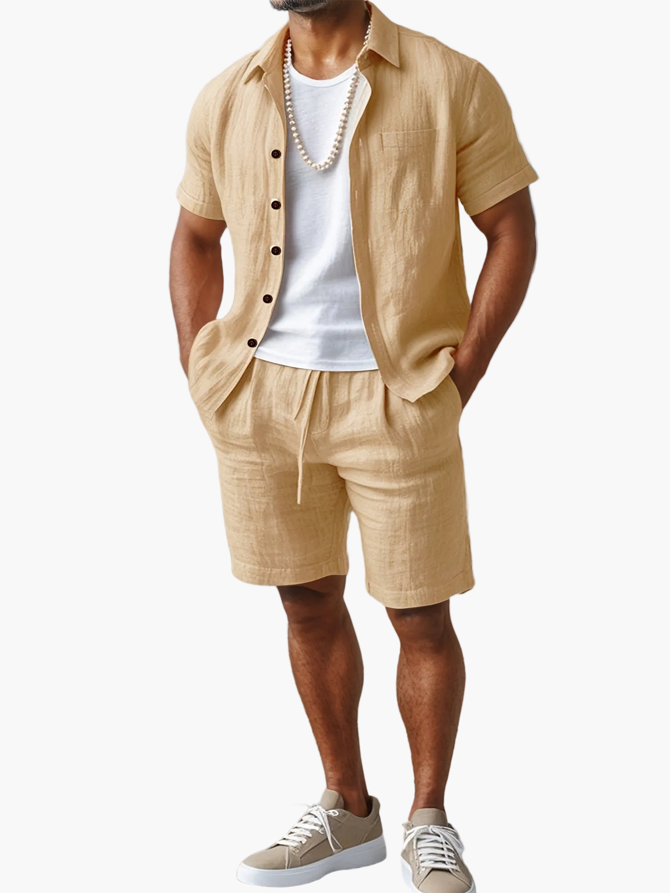 Men's Summer Set Short-Sleeve Shirt & Shorts – Casual Boho Beach Look for Vacation and Leisure