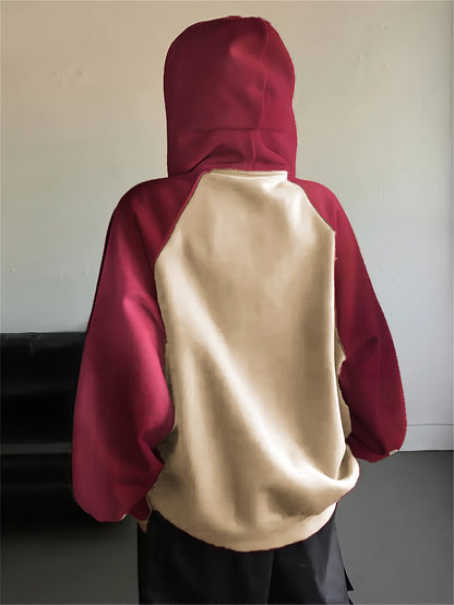 Unisex Kapuzenpullover mit Reißverschluss und Streifen-Design, Rot-Creme
