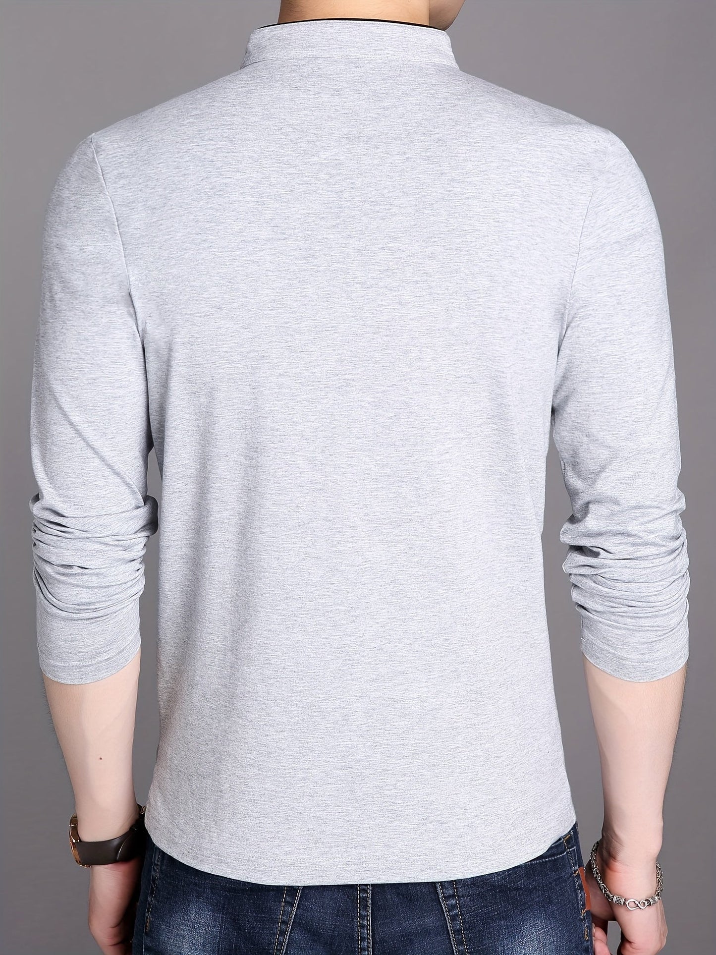 Men's long-sleeve shirt with stand-up collar and button placket