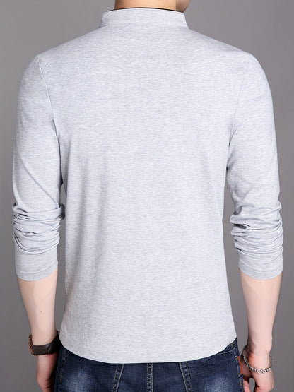 Men's long-sleeve shirt with stand-up collar and button placket