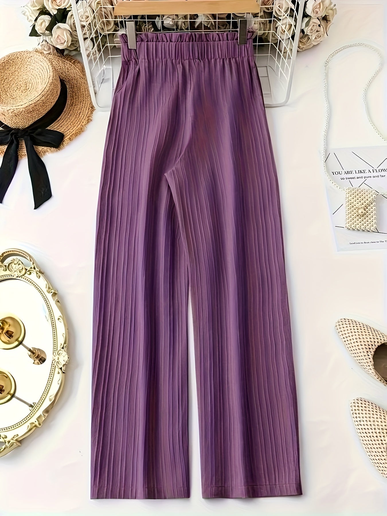 Women's Elegant Pleated Pants with Bow Waist, Wide Leg, Perfect for Spring and Summer, Casual and Office