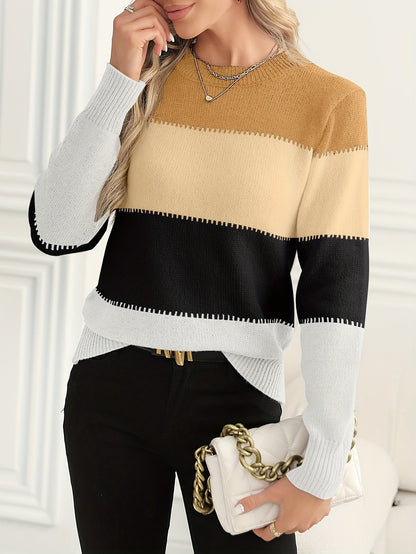 Women's crew-neck color-block knit sweater, long sleeve