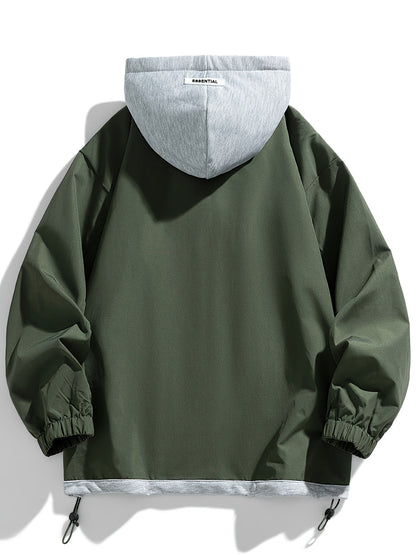 Unisex transitional jacket with hood and zipper, two-in-one look, black/brown