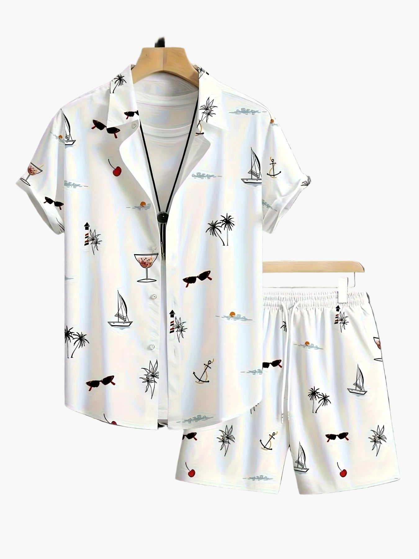 Men's Summer Casual Set with Maritime Print – Short-Sleeve Shirt and Shorts, Ideal for Beach and Vacation