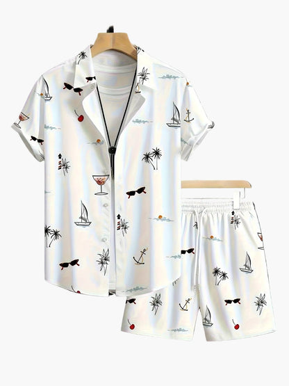 Men's Summer Casual Set with Maritime Print – Short-Sleeve Shirt and Shorts, Ideal for Beach and Vacation