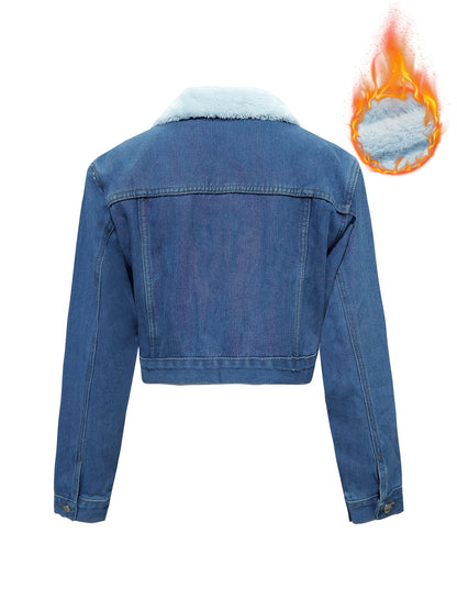 Women's cropped denim jacket with teddy lining, blue denim