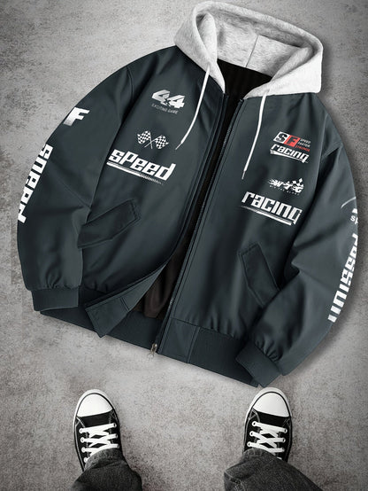 Men's hooded bomber jacket with racing print, zip-up windbreaker
