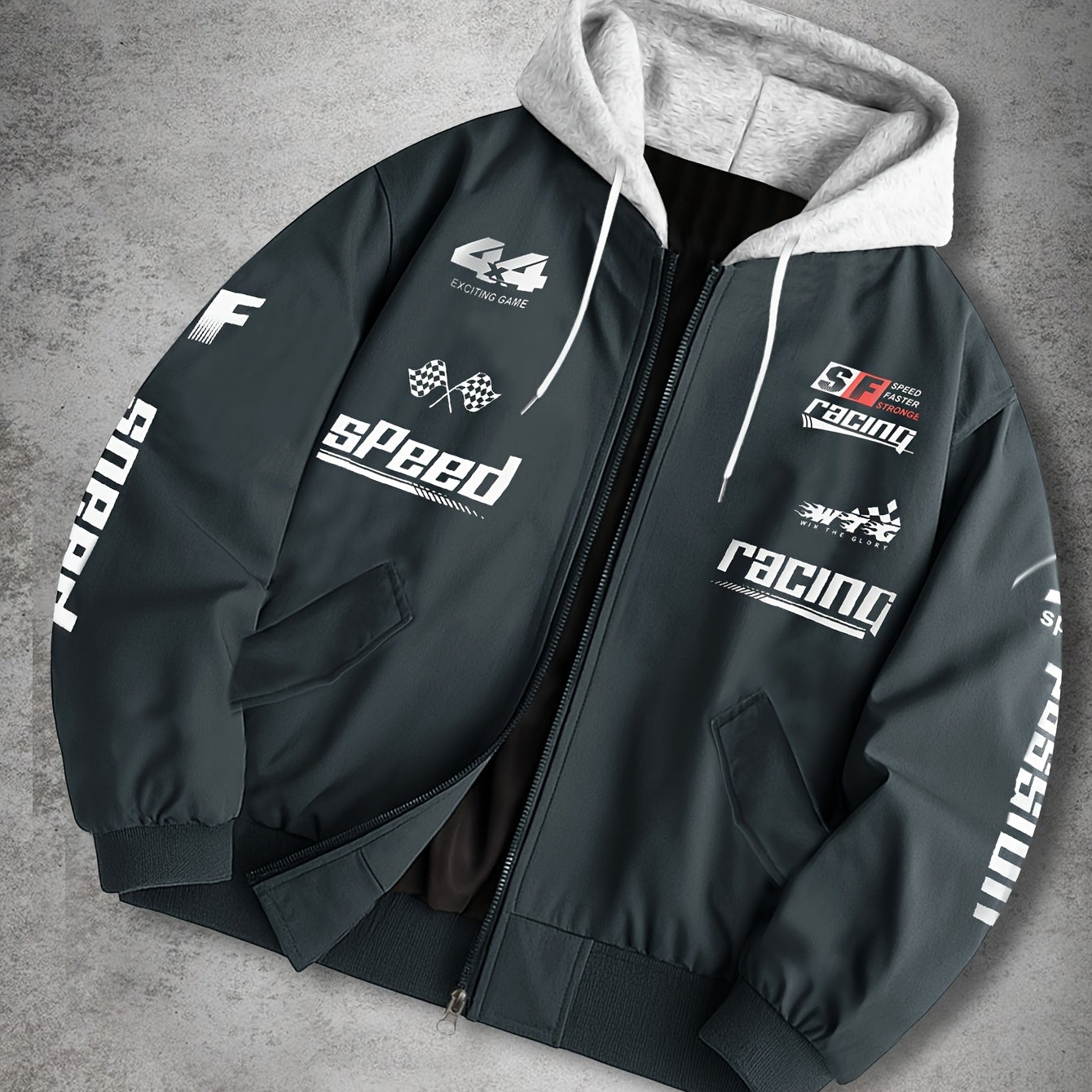 Men's hooded bomber jacket with racing print, zip-up windbreaker