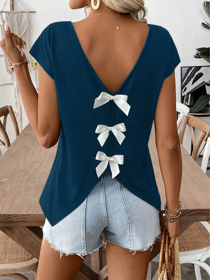 Women's Shirt with Back Cutout and Bows – Fashionable Casual Top for Spring & Summer