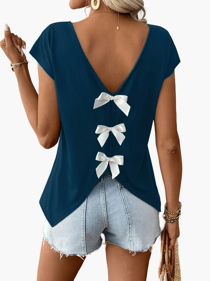 Women's Shirt with Back Cutout and Bows – Fashionable Casual Top for Spring & Summer
