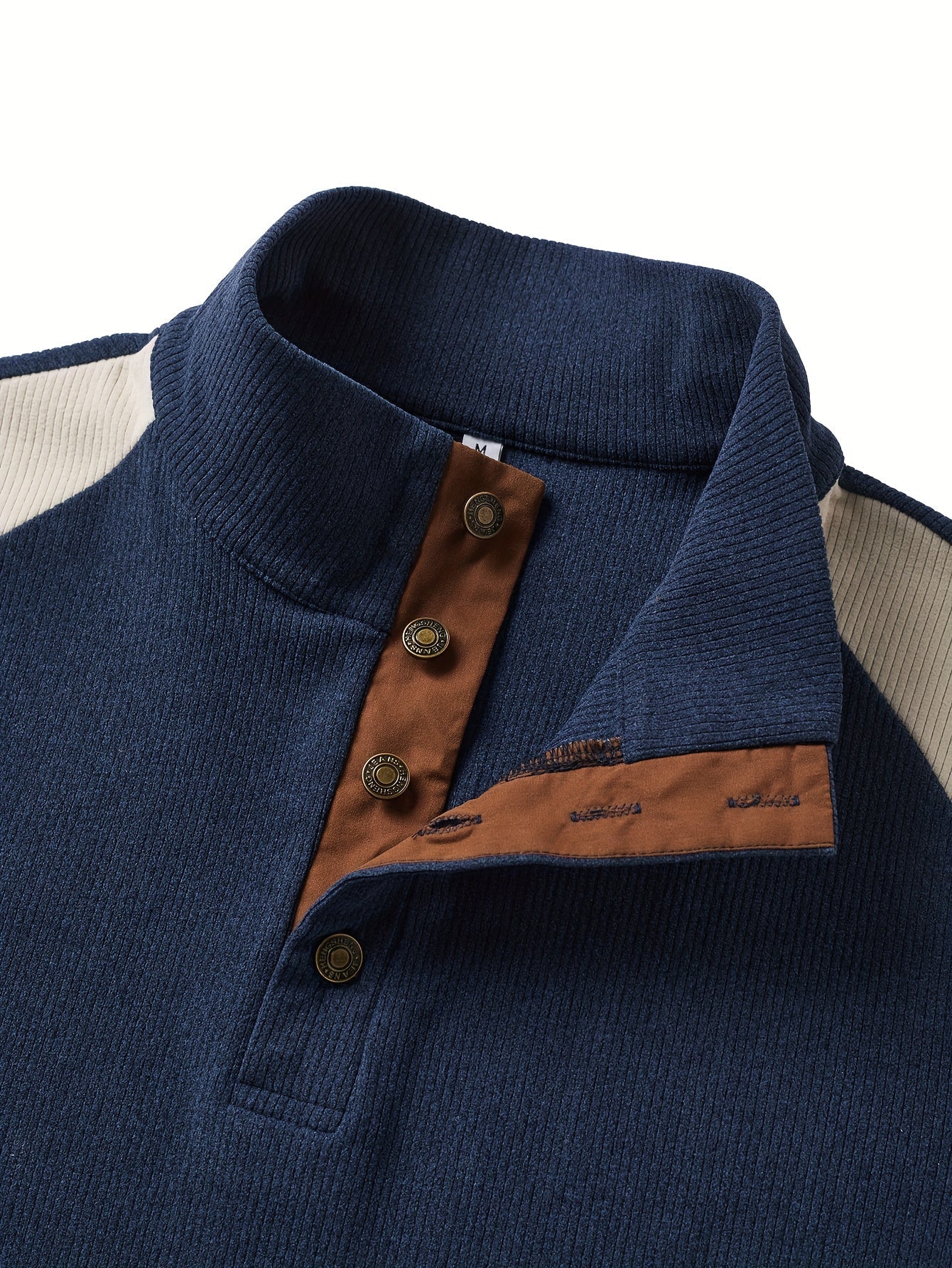 Men’s sweater, knit-look, stand-up collar, button placket, navy blue, beige