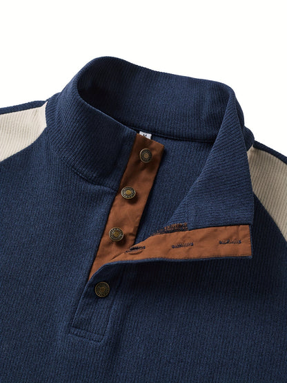 Men’s sweater, knit-look, stand-up collar, button placket, navy blue, beige