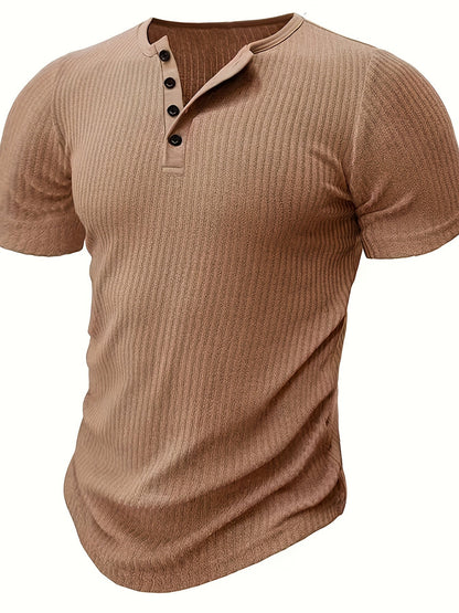 Men's Short-Sleeve Henley T-Shirt with Button Placket – Ribbed Casual Shirt for Everyday and Summer