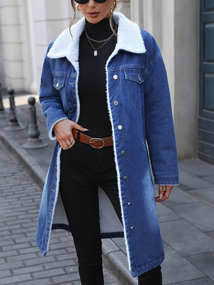 Women's long denim coat with dark blue teddy lining