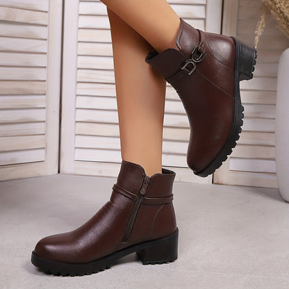 Women's ankle boots with decorative buckle and zip, lug sole, block heel