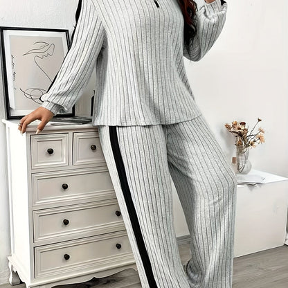 Ribbed women’s lounge set, two-piece sweater with zipper and wide-leg pants