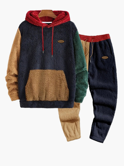 Men's Colorblock Relaxation Clothing Set with Hooded Sweatshirt and Sweatpants – Contemporary Leisure Outfit for Autumn & Winter