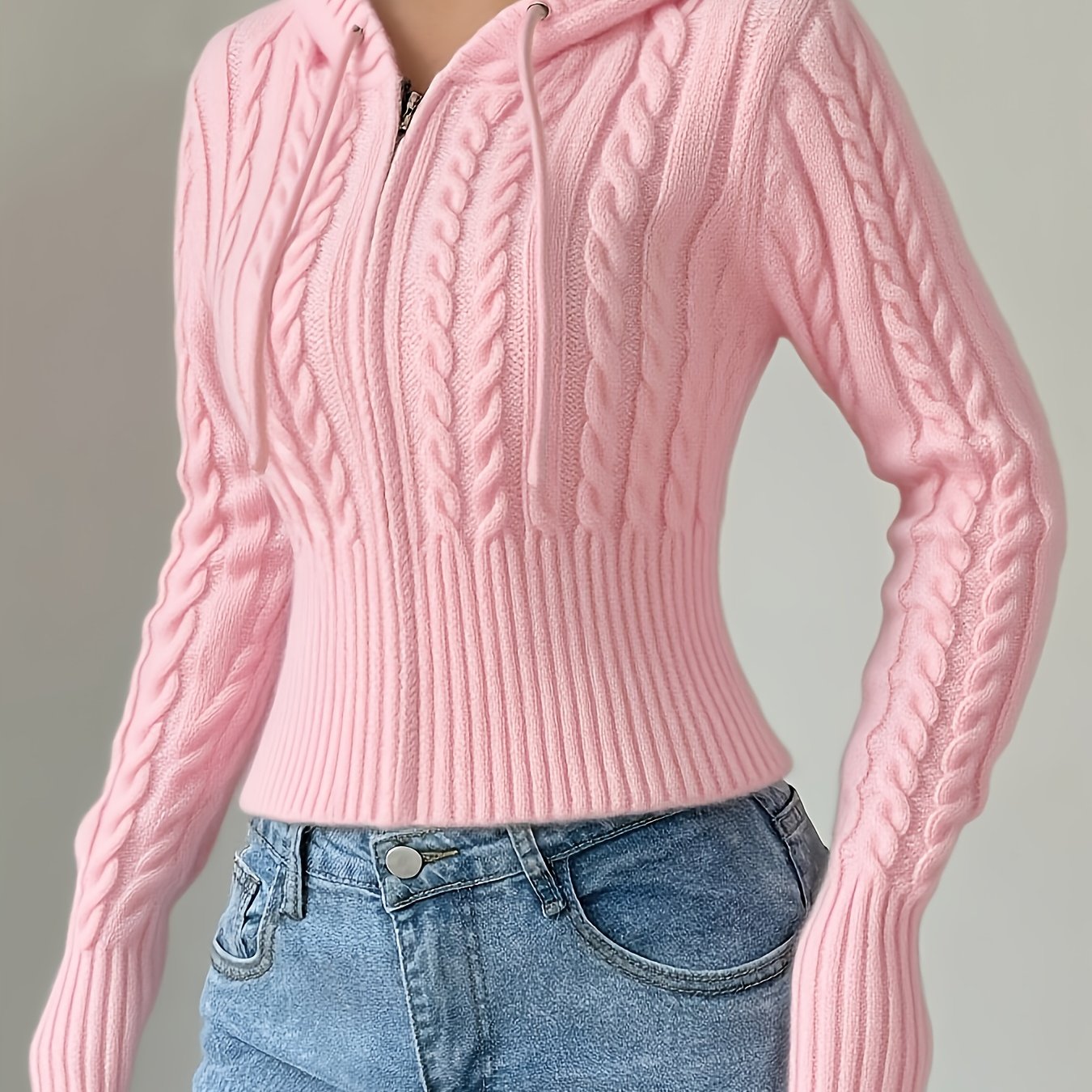 Damen Strickpullover Hoodie Crop Top Zopfmuster Reißverschluss