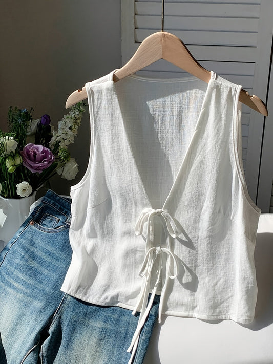 Women's sleeveless vest with bow detail and V-neck – fashionable summer look, versatile to combine